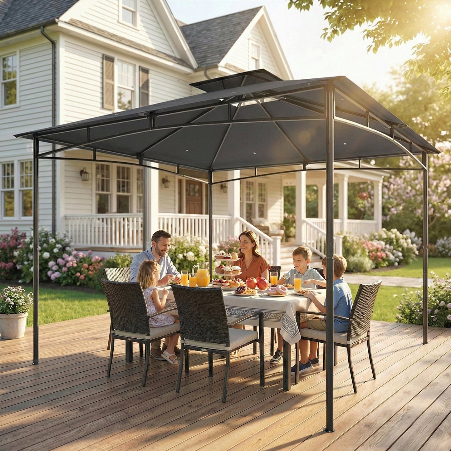 Outsunny 3 x 3 m Gazebo, Garden Gazebo with 2-Tier Roof, Metal Frame, Dark Grey
