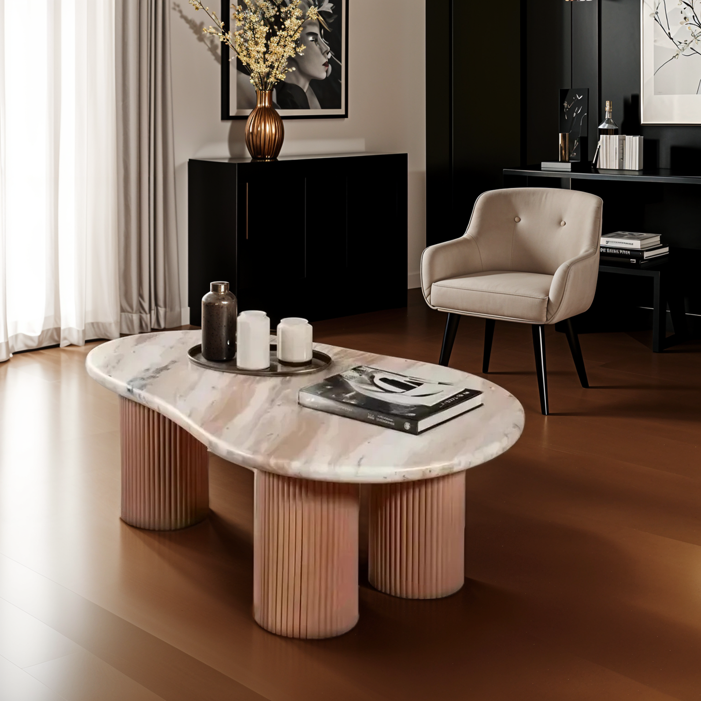 Bundi Natural Marble & Wood Pedestal Coffee Table