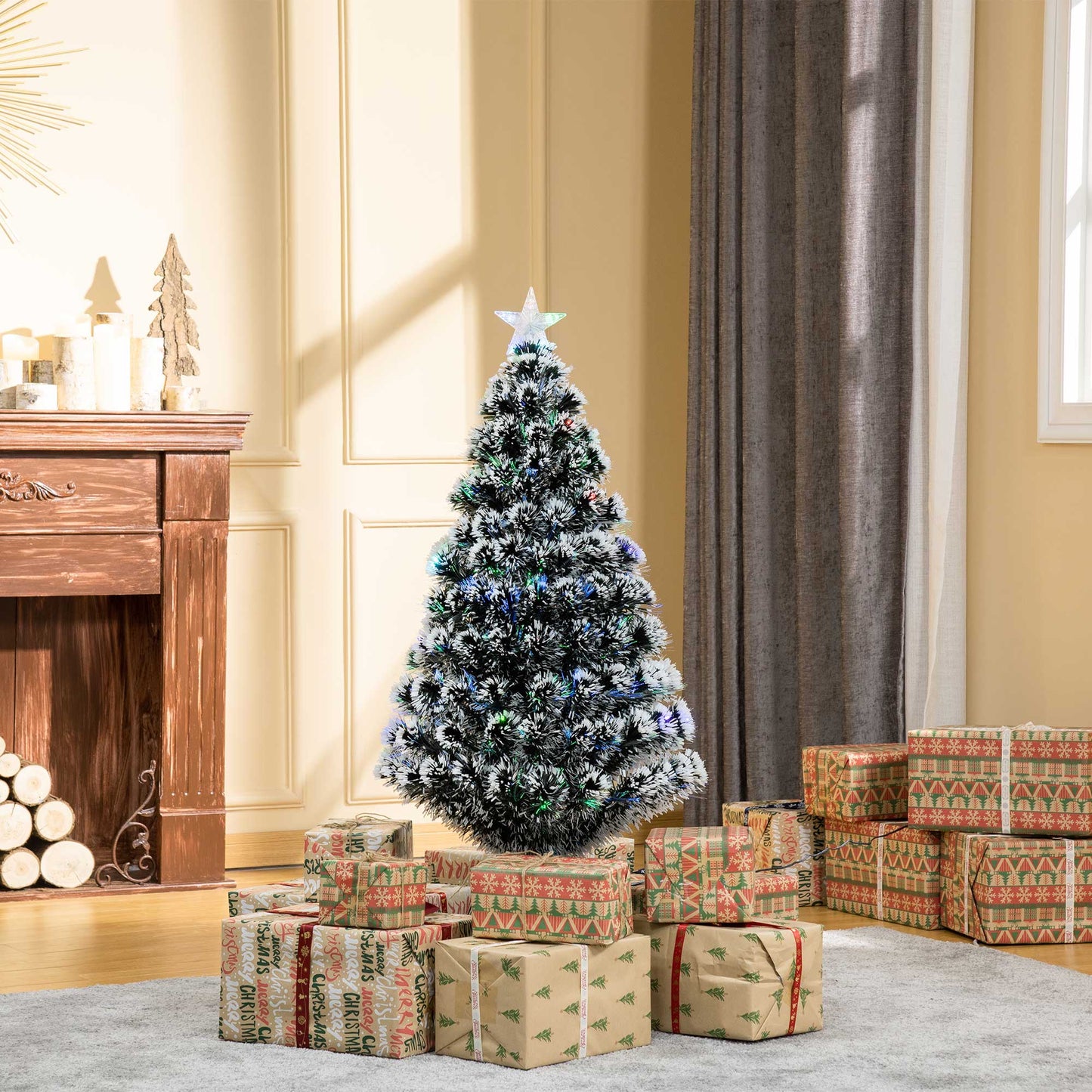 HOMCOM 4ft Artificial Prelit Christmas Tree, Snow Xmas Tree with Colourful LED Lighting Fiber Optics, Green White