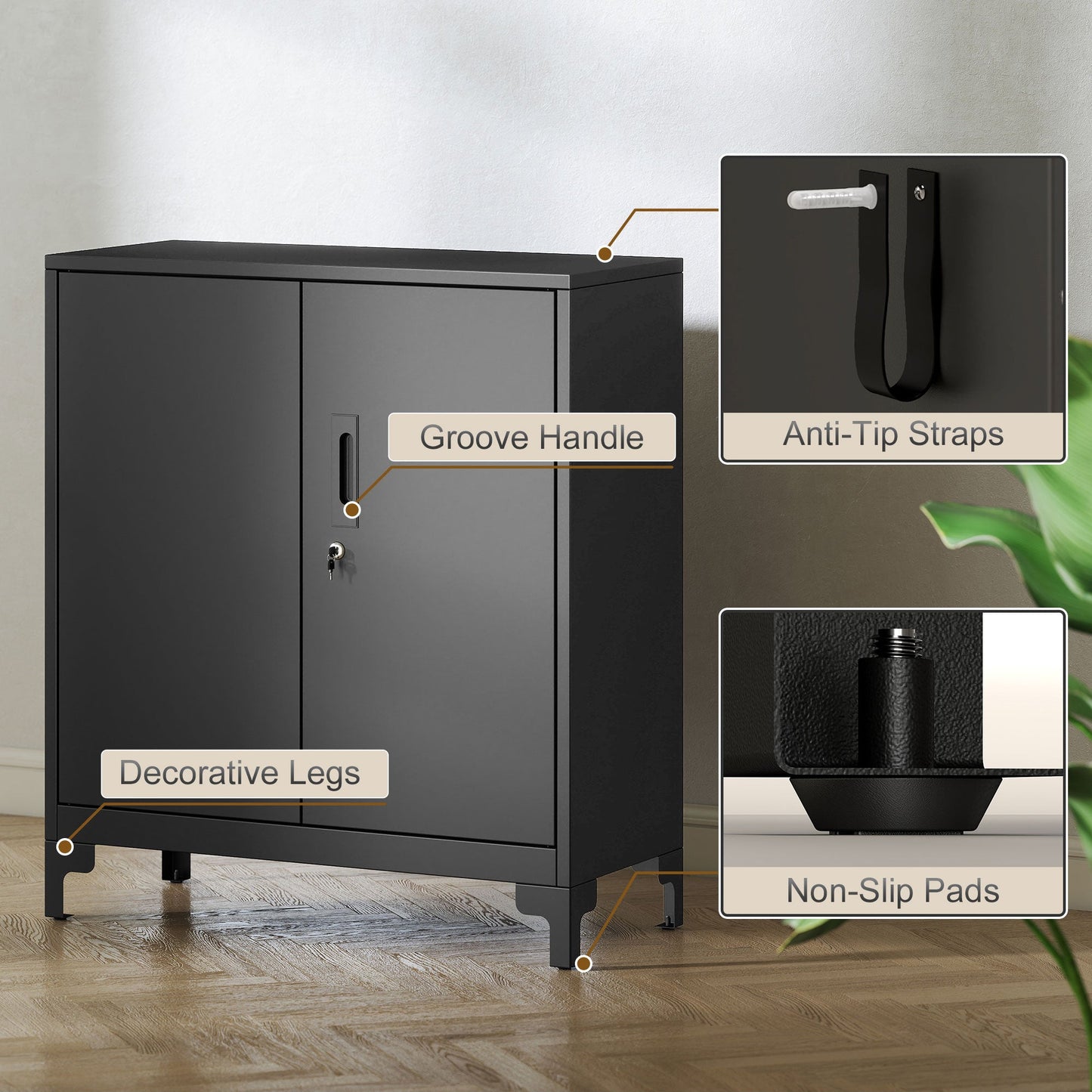 HOMCOM Lockable Metal Filing Cabinet, 2-Tier Storage Cupboard with Double Doors, Modern Office Organiser, Black