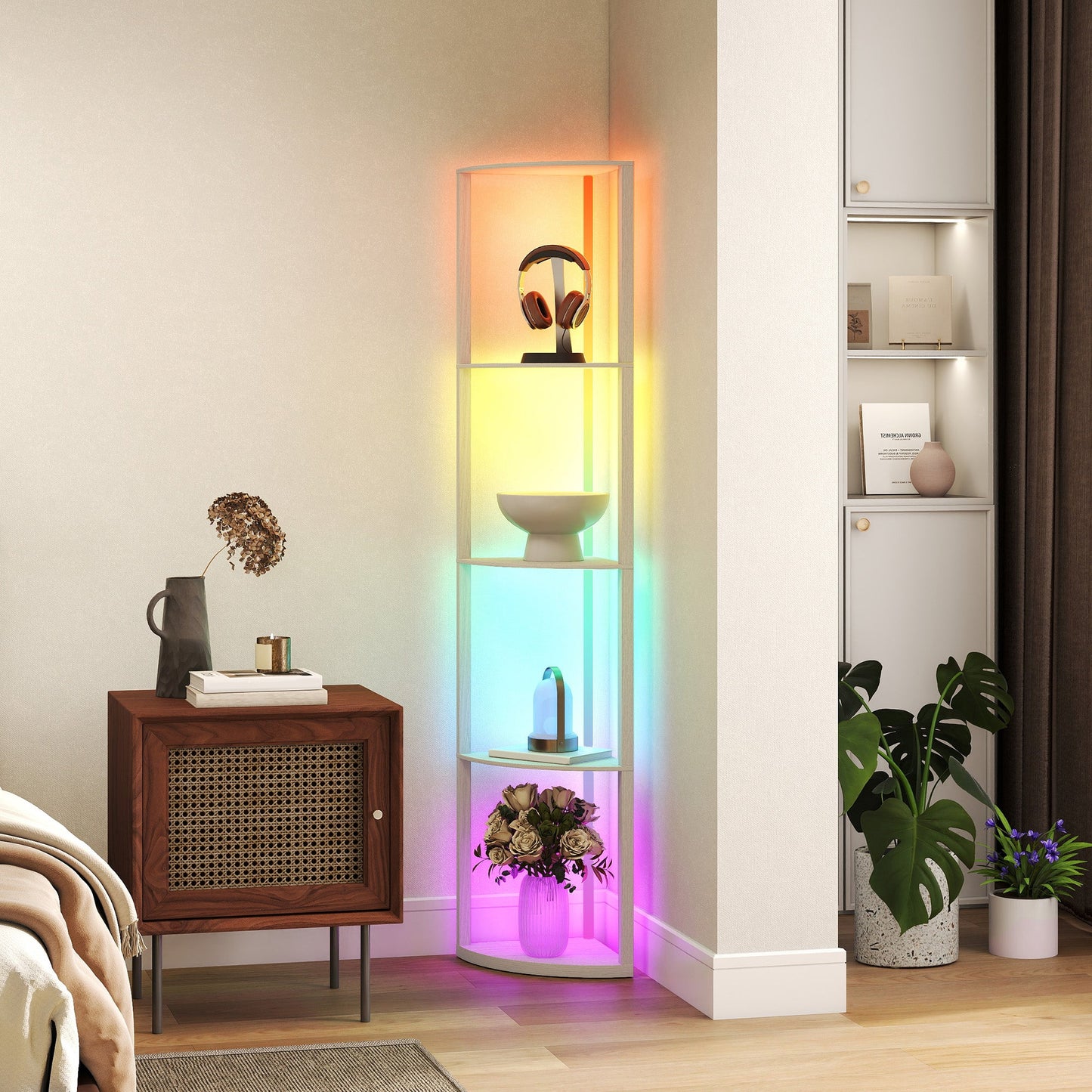 HOMCOM RGB LED Floor Lamp with Shelves, 5-Tier Dimmable Standing Lamp with Adjustable Brightness and Remote Control, Modern Corner Display Shelf Unit for Living Room Bedroom Office, Oak