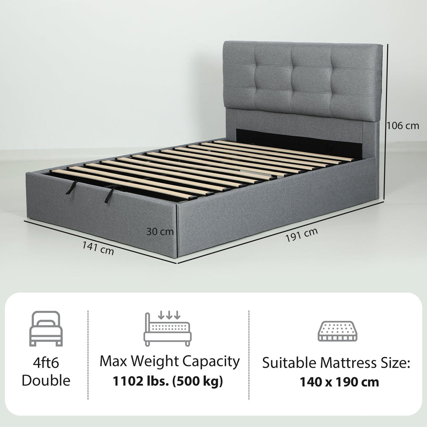 HOMCOM 4ft6 Double Ottoman Bed with Gas Lift Storage - Grey