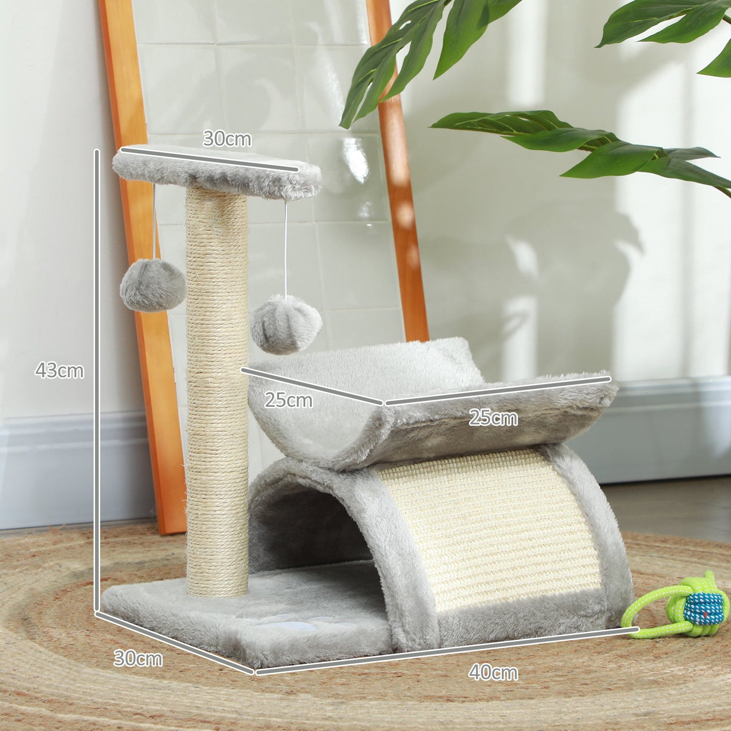 PawHut Cat Tree, Cat Tower for Kittens, Small Cat Condo with Rotatable Top Bar, Sisal Scratching Post, Tunnel, Dangling Balls - Grey