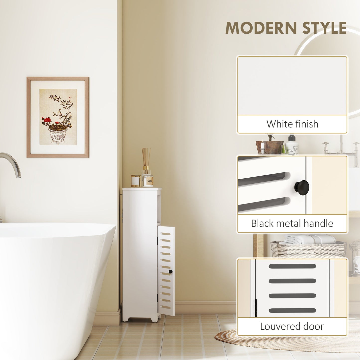 HOMCOM Bathroom Floor Cabinet, Bathroom Storage Unit with Louvered Door, Open Shelf, Adjustable Shelf, White, 22 x 20 x 75 cm