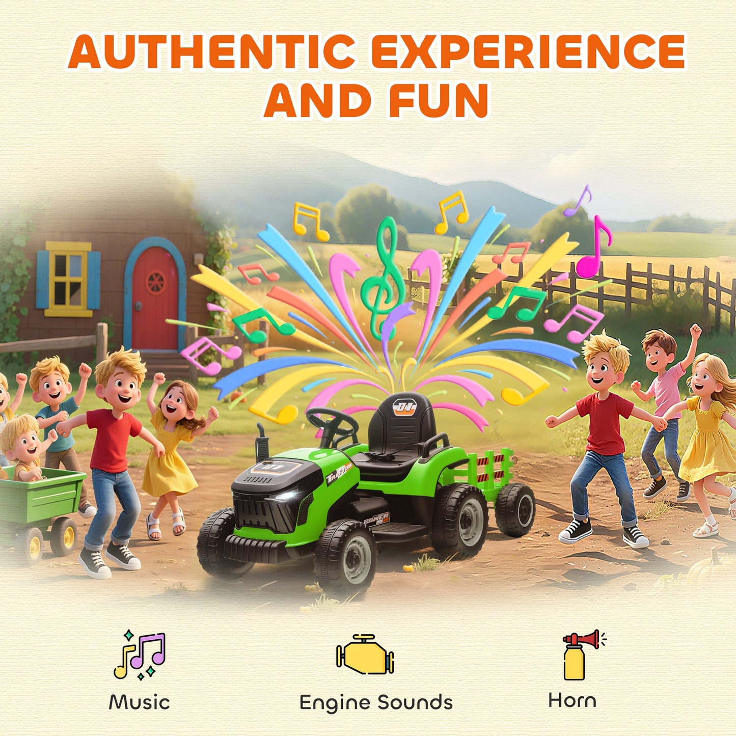 AIYAPLAY 12V Ride on Tractor and Trailer with Remote Control, Music, Shifter, Start-Up Sound, for Kids Ages 3-8 Years, Green