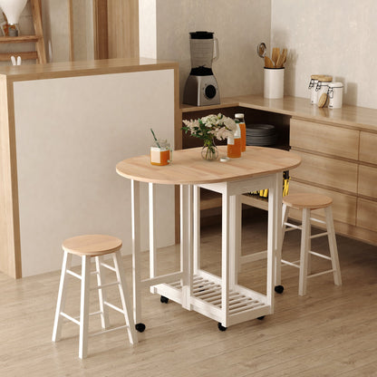 HOMCOM 3PC Wooden Kitchen Cart Mobile Rolling Trolley Folding Bar Table Two Stools Dining Chair Storage Shelf w/2 Drawers & 6 Wheels