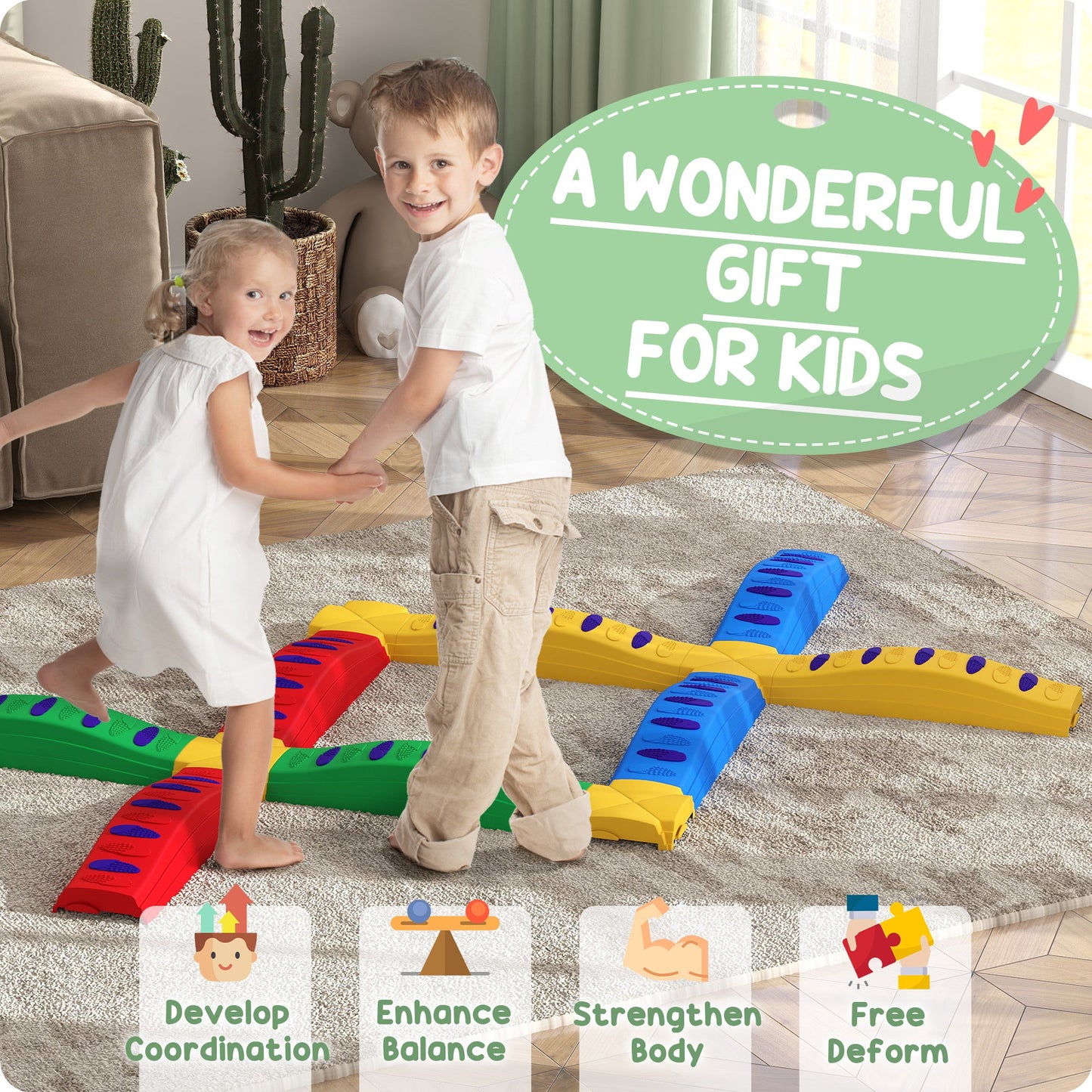 AIYAPLAY 12-Piece Kids Balance Beam Stepping Stones, with Non-Slip Foot Pads, Multicoloured