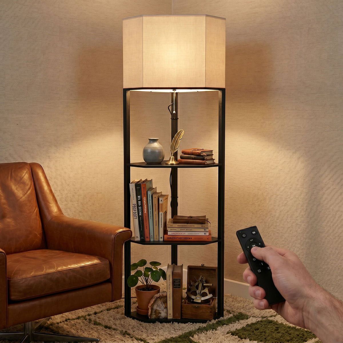 HOMCOM Corner Floor Lamp with Shelves and Lights, Modern Dimmable Standing Lamp with 3000K/4000K/6000K Colour Temperature