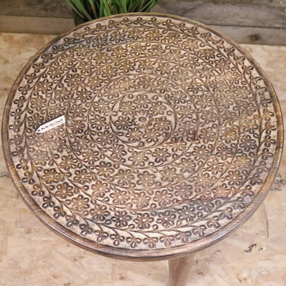 Rawlan Carved Wooden Side Table Burnt Finish