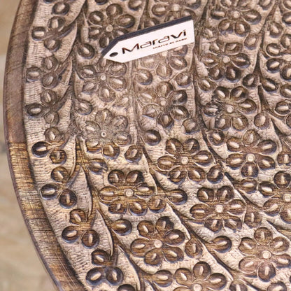 Rawlan Carved Wooden Side Table Burnt Finish