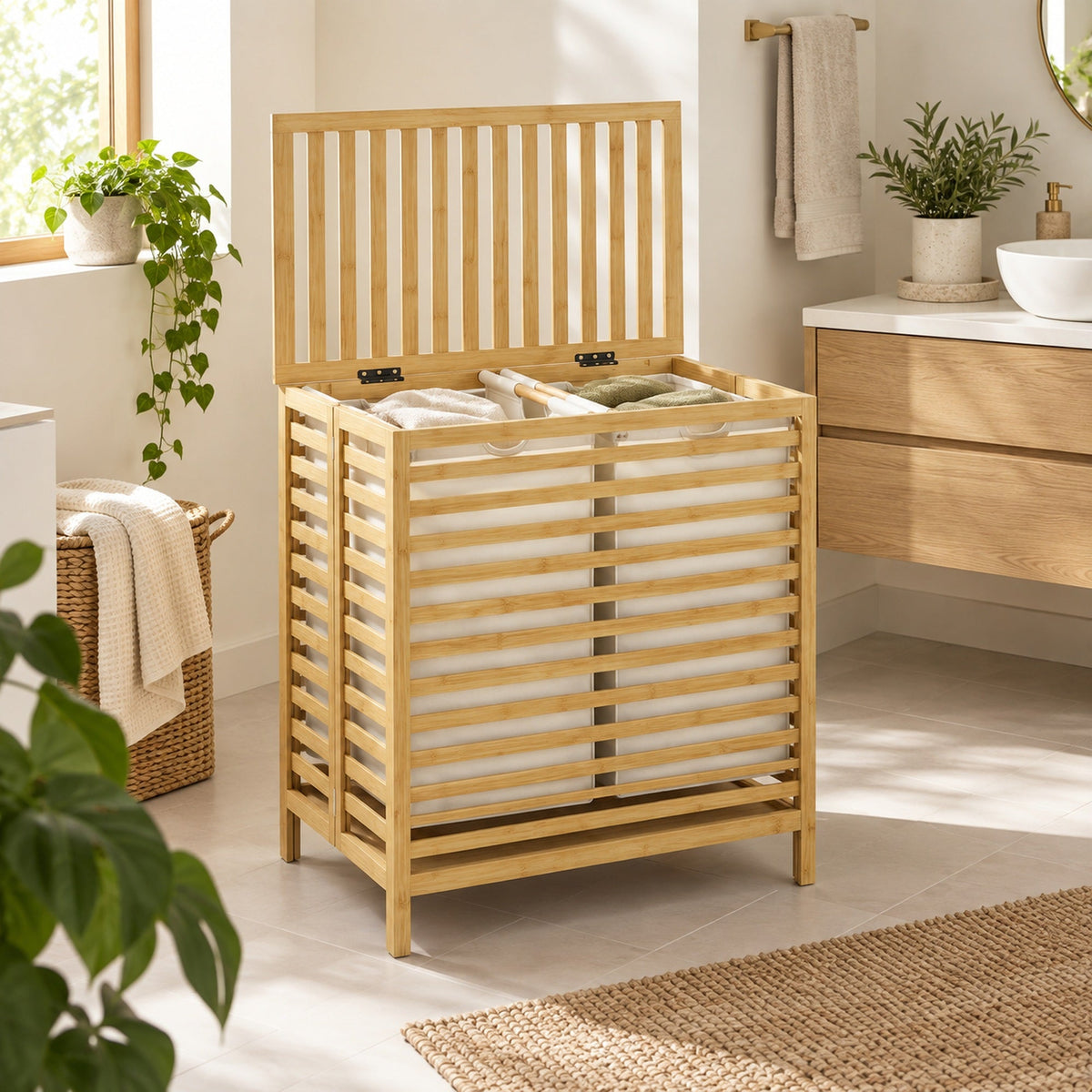 HOMCOM Bamboo Laundry Basket with Lid, 2 Baskets, Foldable, 64L, Natural and Cream White