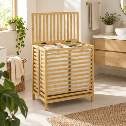 HOMCOM Bamboo Laundry Basket with Lid, 2 Baskets, Foldable, 64L, Natural and Cream White