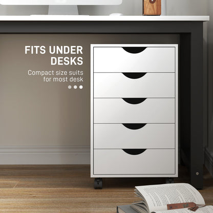 HOMCOM 5 Drawer Mobile Filing Cabinet, Vertical File Cabinet, Modern Rolling Office Storage Organizer Cupboard, White