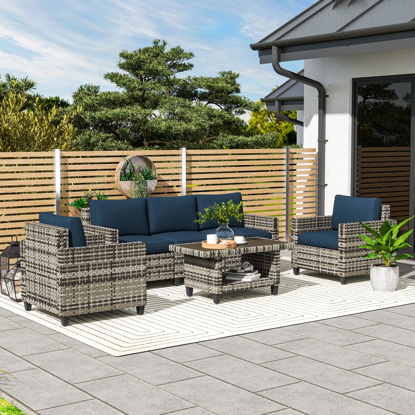 Outsunny 6 Pieces Rattan Garden Furniture Set, 5 Seater Wicker Outdoor Furniture Set with 2 Armchairs, Steel Frame Coffee Table and Cushions for Balcony, Porch, Navy Blue