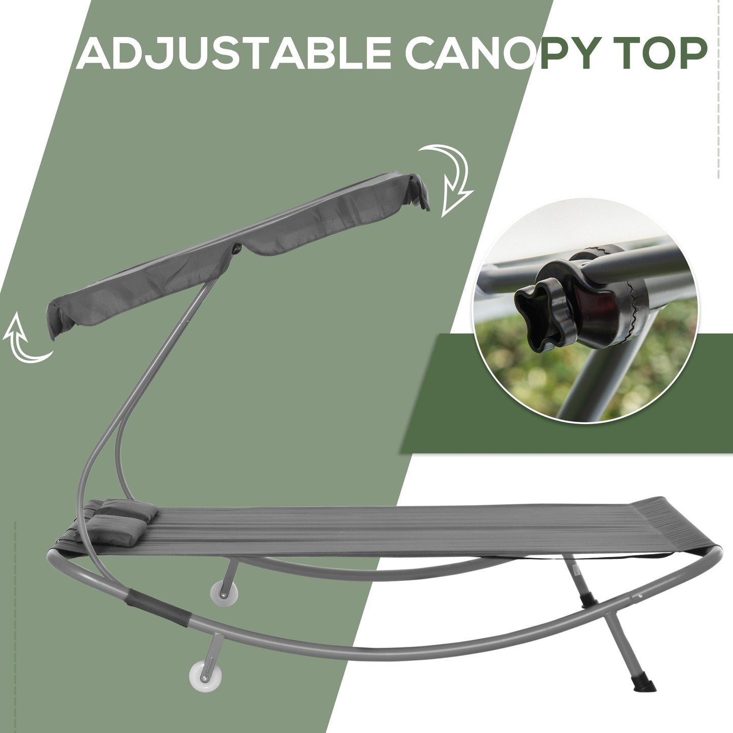Outsunny Double Hammock Sun Lounger Bed with Canopy Shelter, Wheels & 2 Pillows, Grey