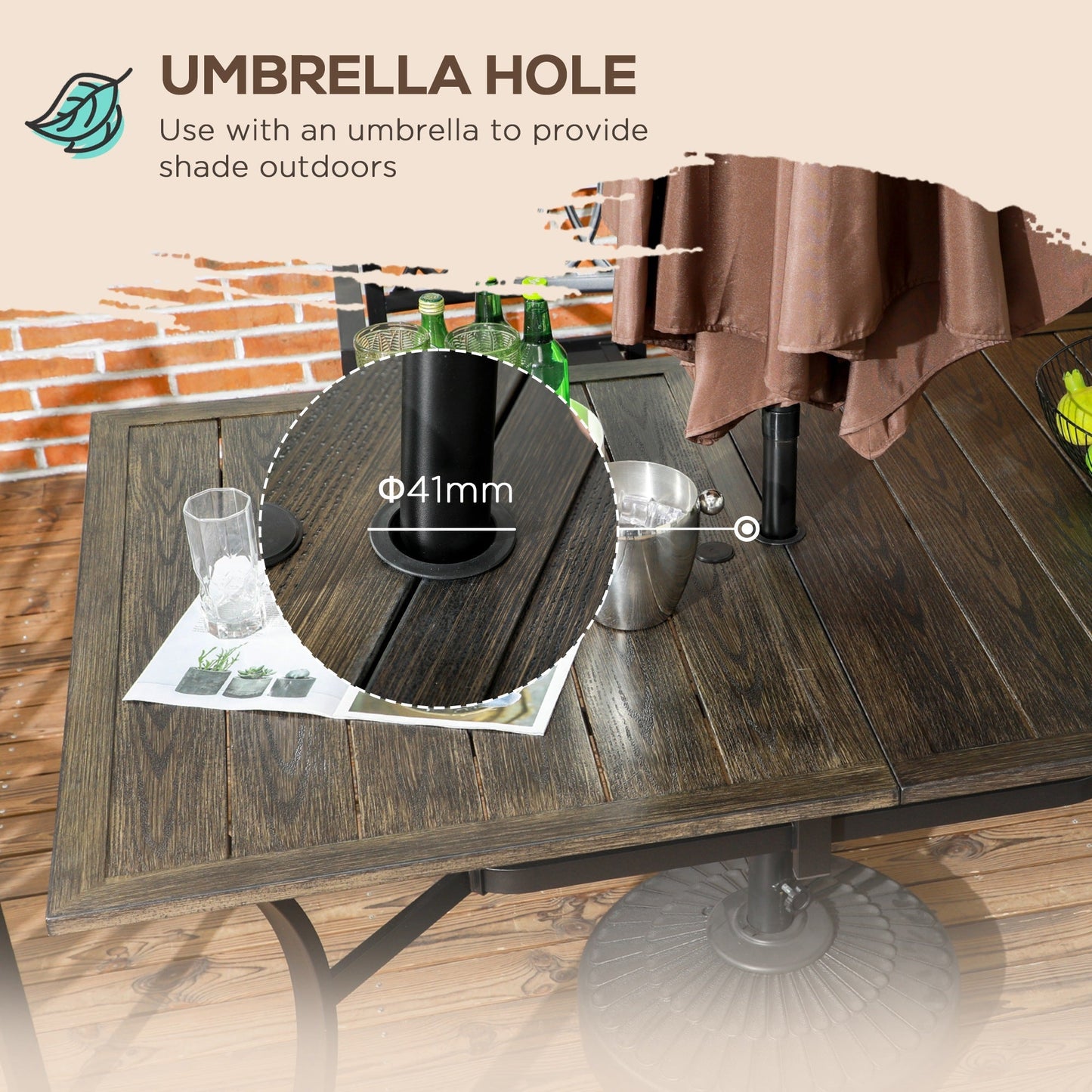 Outsunny Six-Seater Steel Garden Table, with \'e2\'8c\'8041mm Parasol Hole - Wood-Effect