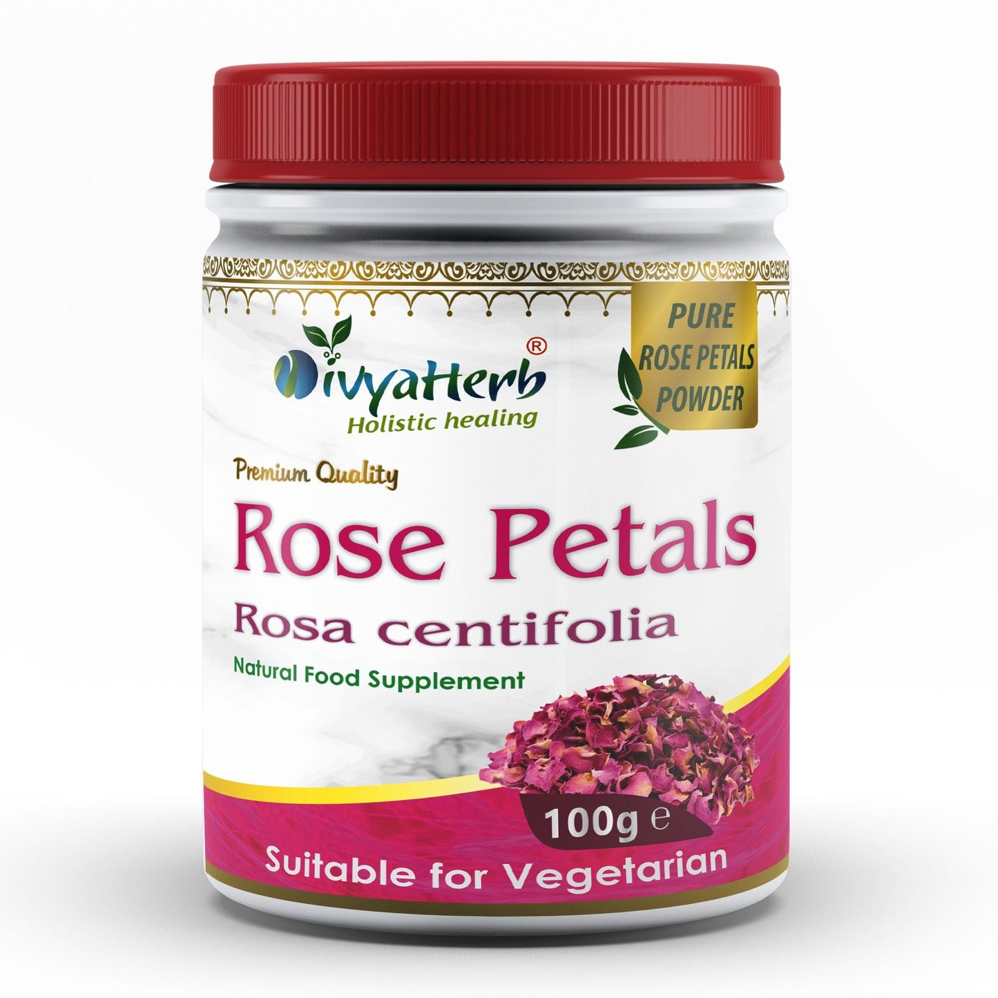 DivyaHerb Rose Petals Powder 100 gram - Healthy-Looking Skin Support