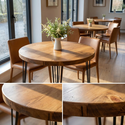 TIVIA Rustic Chunky Wooden Round Dining Table With Hairpin Legs