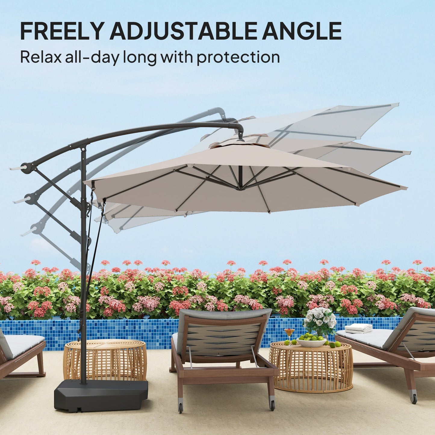 Outsunny 3(m) Garden Cantilever Parasol with Fillable Base, Wind Protection Strap, Cover, Round Banana Hanging Umbrella with Crank Handle and Tilt, Patio Umbrella for Outdoor Sun Shade, UPF50+, Cream