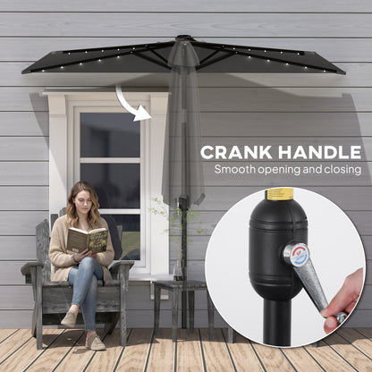 Outsunny 2.6 m Half Garden Parasol with Solar LED Lights, UPF50+ Semi Round Umbrella with 30° Tilt, Crank Handle, Dark Grey