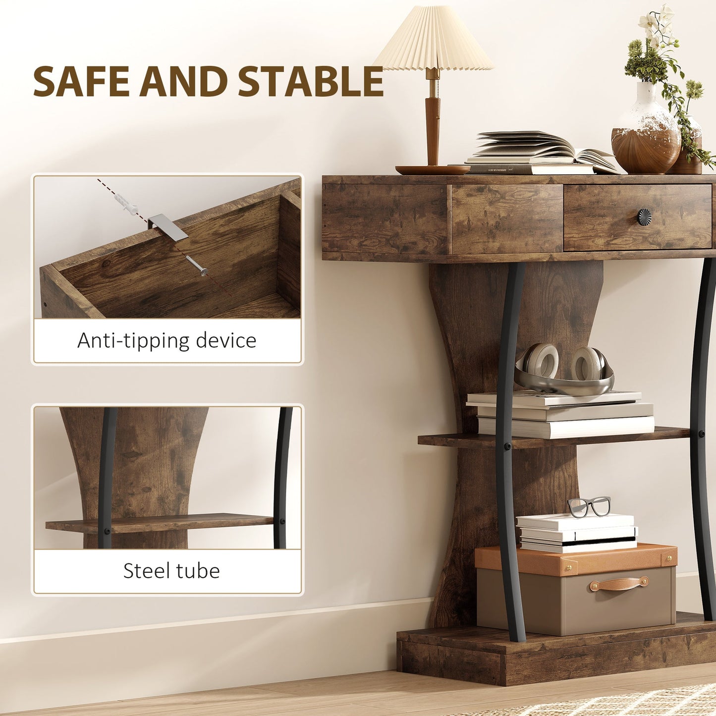 HOMCOM Console Table, 3-Tier Industrial Hallway Table with Drawer, Storage Shelves, 91 x 32 x 87 cm, Rustic Brown