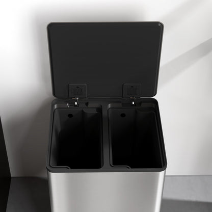 HOMCOM 60L Dual Compartment Stainless Steel Bin, with Deodoriser Holders - Silver Tone