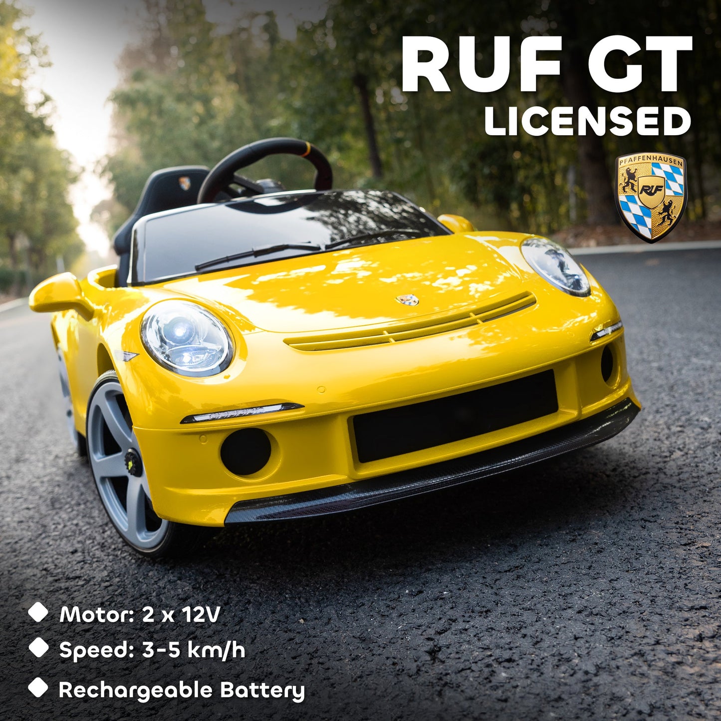 AIYAPLAY Kids Electric Car, 12V Licensed RUF GT Ride on Car with Suspension, Remote Control, Music for 3-5 Years Yellow