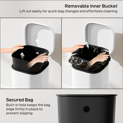 HOMCOM 30L Kitchen Bin, Compact Pedal Bin with Soft-Close and Stay-Open Lid, Removable Bucket for Kitchen, Home, Office, White