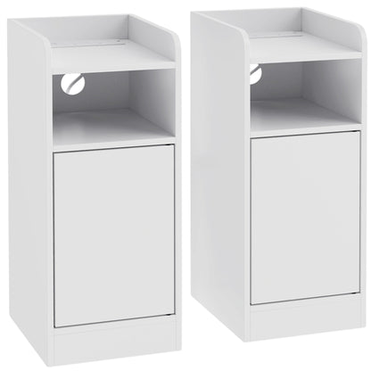 HOMCOM Slim Bedside Table Set of 2 with Charging Station, Narrow Bedside Cabinet with Adjustable Shelf, White