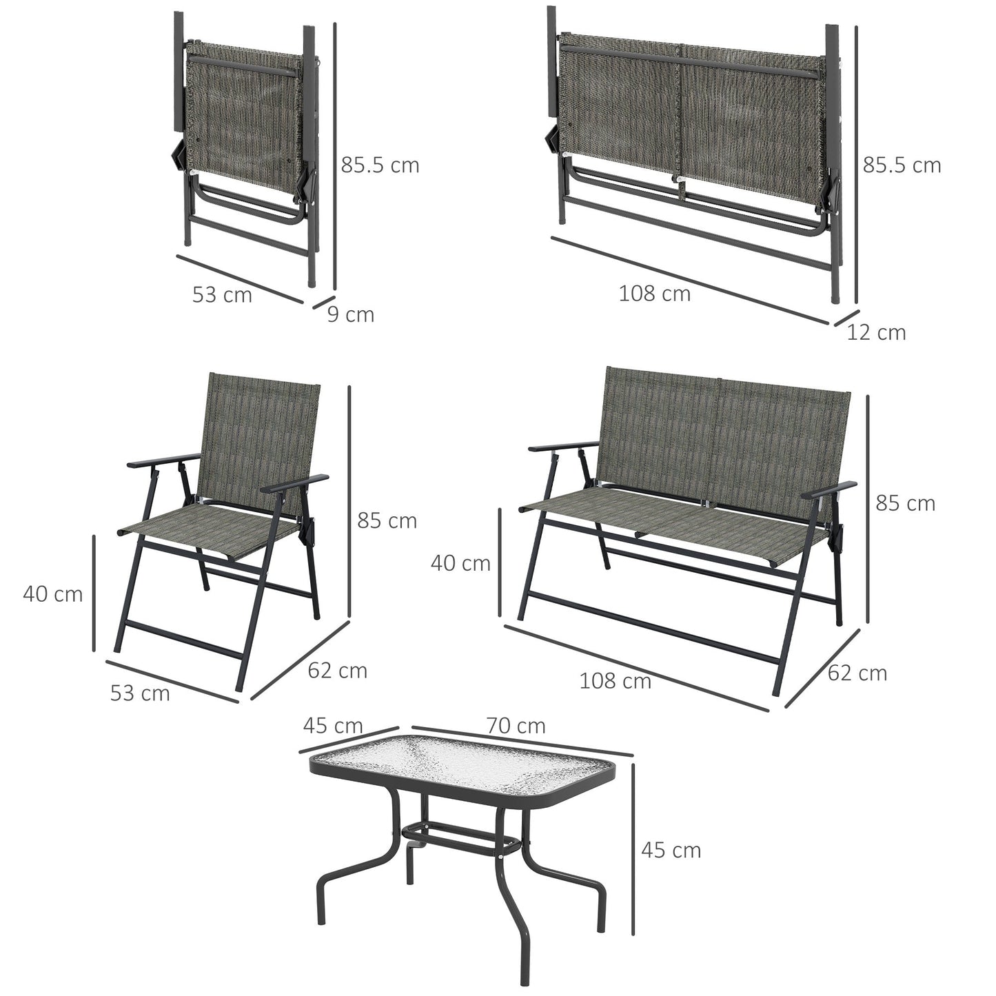 Outsunny Outdoor\'c2\'a04 Pieces Patio Furniture Set with Breathable Mesh Fabric\'c2\'a0Seat & Backrest,\'c2\'a0Garden Set with Two Foldable Armchairs, a Loveseat &\'c2\'a0Glass\'c2\'a0Top\'c2\'a0Table, Mixed Brown