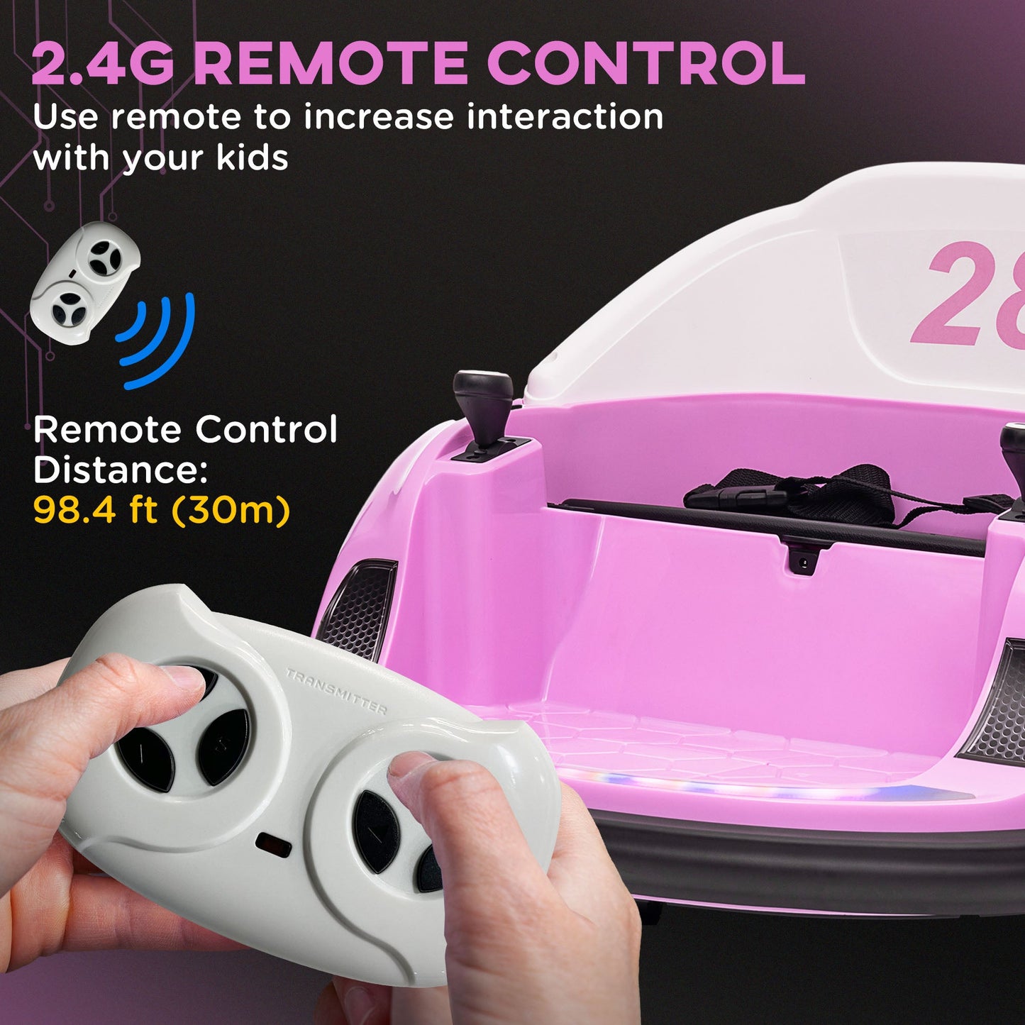 AIYAPLAY 360\'c2\'b0 Rotation Kids Bumper Car, 12V Waltz Car with Remote Control, Dual Joystick, Music, Lights, Pink
