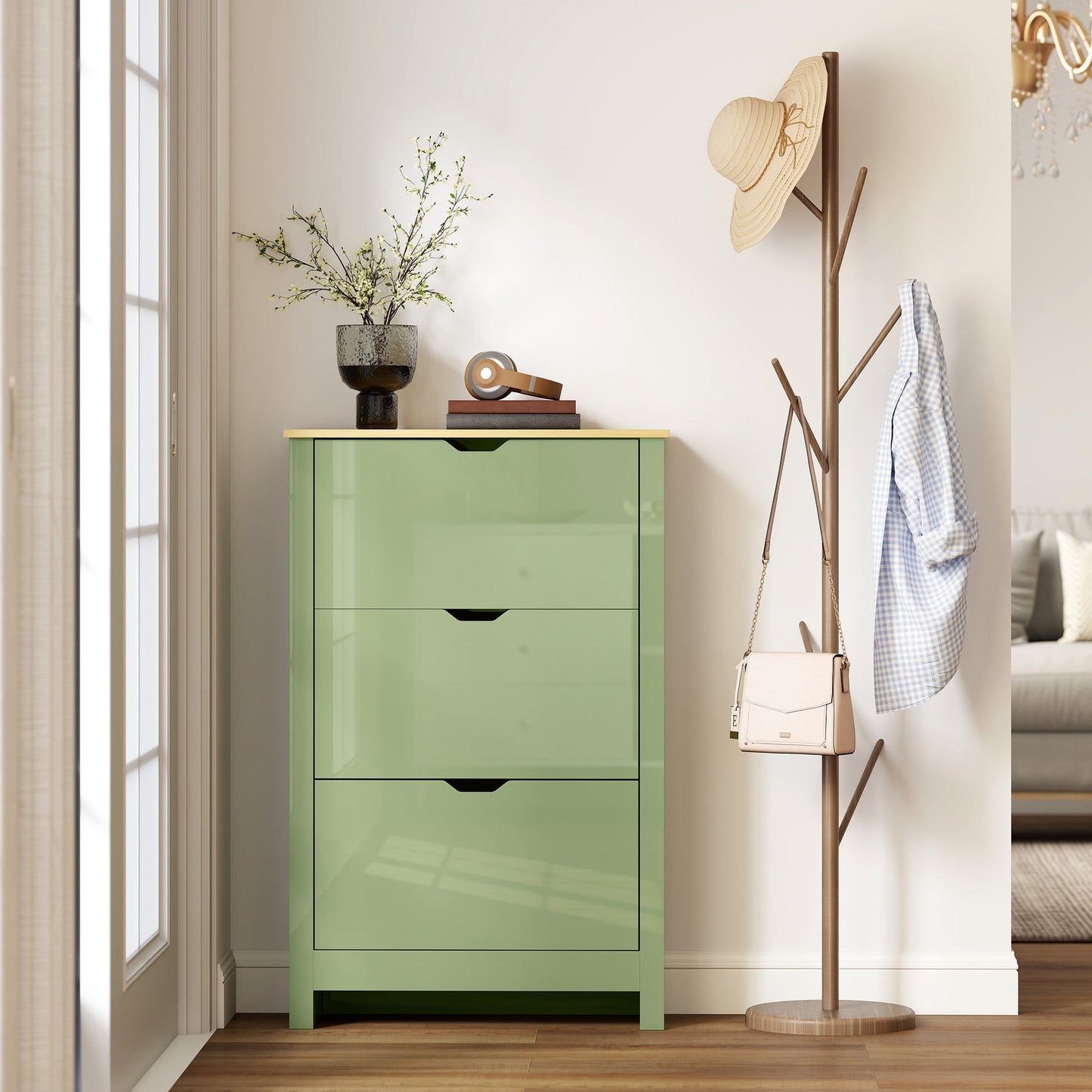 HOMCOM Slim Shoe Cabinet, Narrow Shoe Cupboard with 3 Flip Drawers, Adjustable Shelves for 18 Pairs of Shoes, High Gloss Green