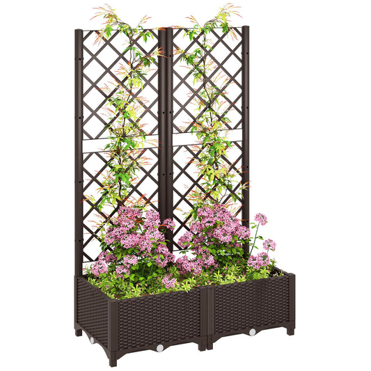 Outsunny Raised Garden Bed with Trellis, Plastic Planter Box with Drainage Holes and Drain Plugs for Climbing Plants, Vegetables, Flowers, Brown