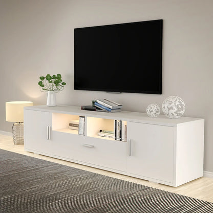160cm Wide Modern White High-Gloss TV Stand Cabinet with RGB LED (16-Color RGB) & Shelves - Heavy-Duty TV Unit for 65-85