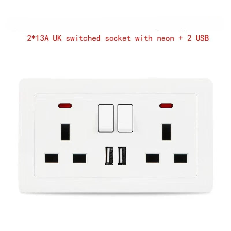 UK Standard 13A Switched Wall Socket with Dual USB Charger Ports LED Indicator Standard Size Easy Fit Wall Mounted USB Power