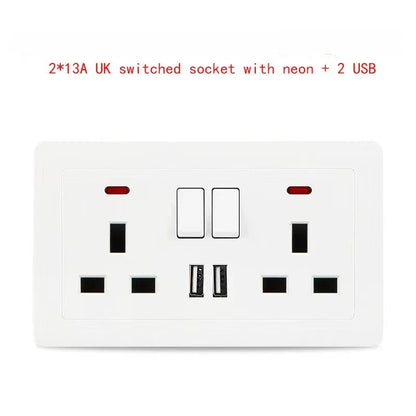 UK Standard 13A Switched Wall Socket with Dual USB Charger Ports LED Indicator Standard Size Easy Fit Wall Mounted USB Power