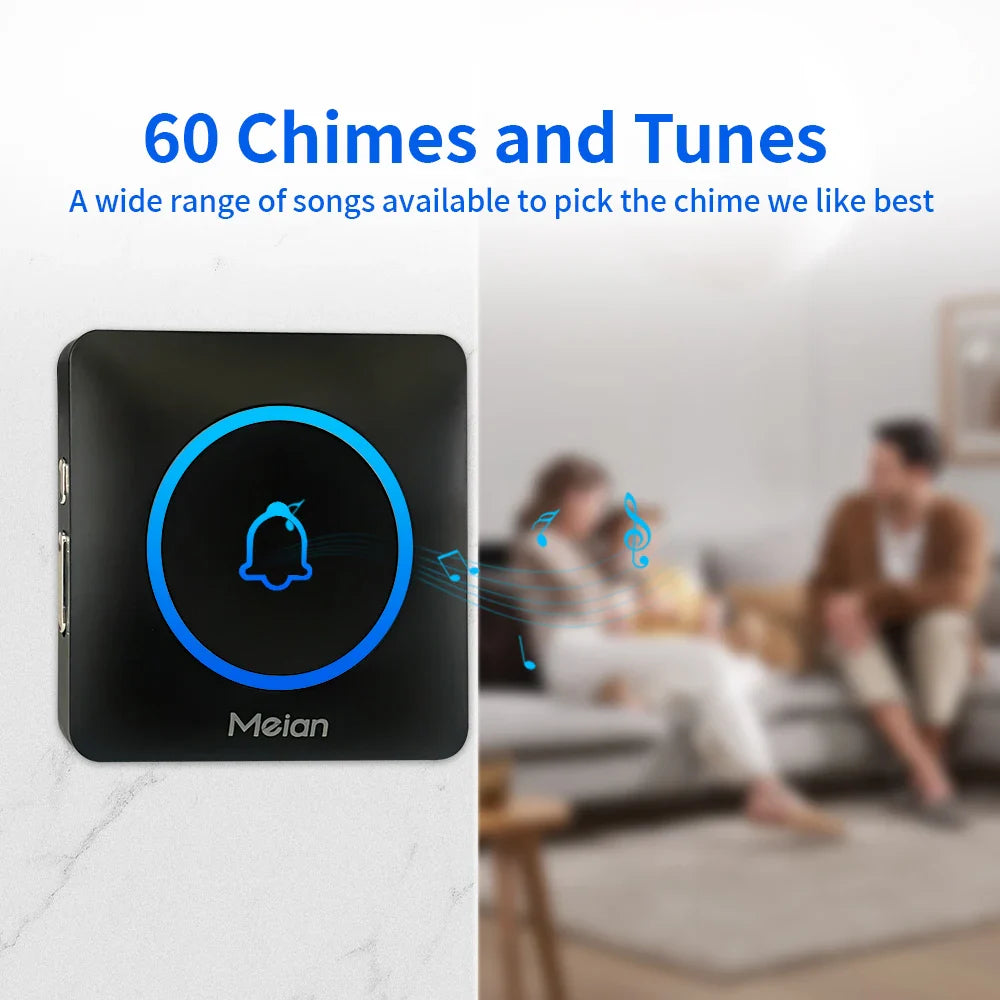 Meian IP65 Waterproof Wireless Doorbell Smart Home Outdoor Door Bell 60 Ringtone 5 Volume Adjustable LED Flash Smart Door Bell