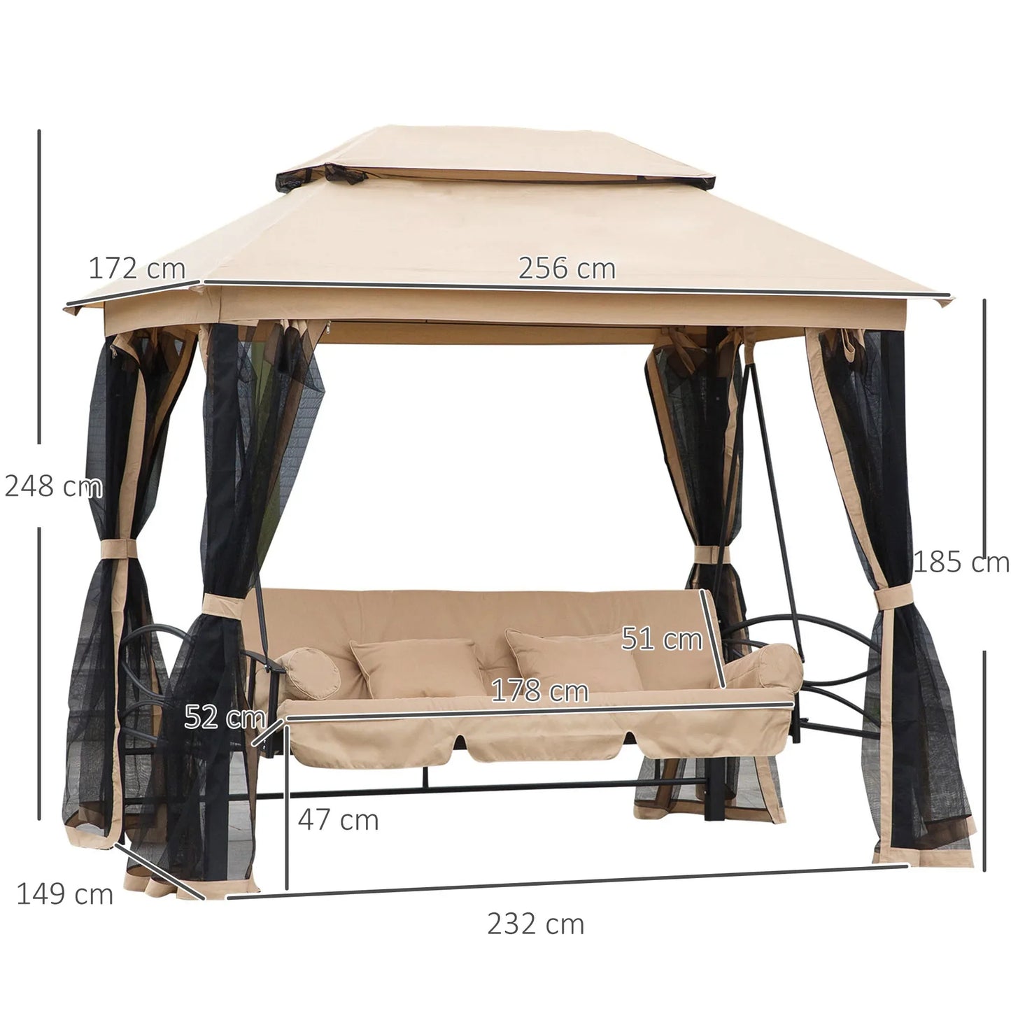 Outsunny 3 Seater Swing Chair 3-in-1 Convertible Garden Swing Seat Bed Gazebo Patio Bench Outdoor with Double Tier Canopy