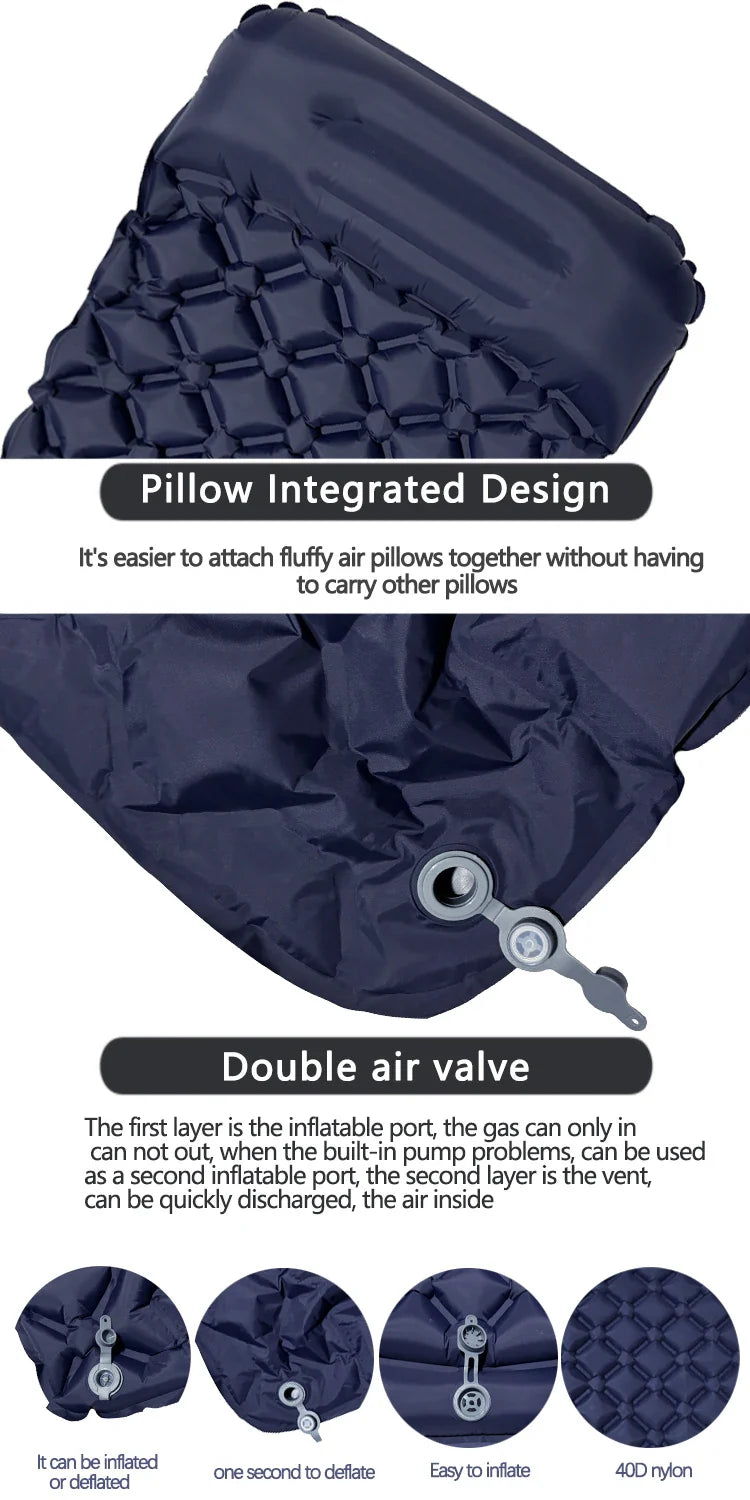 Outdoor Camping Inflatable Mattress Sleeping Pad With Pillows Ultralight Air Mat Built In Inflator Pump Hiking