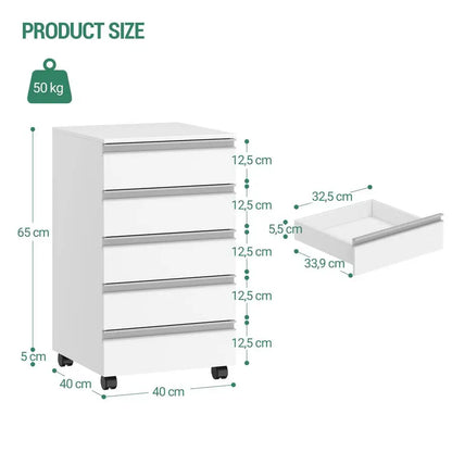 5Drawer Mobile File Cabinet, Filing Cabinet with Lock and Wheels, Under Desk Storage, Fits A4, Legal, Letter, for Home, Office