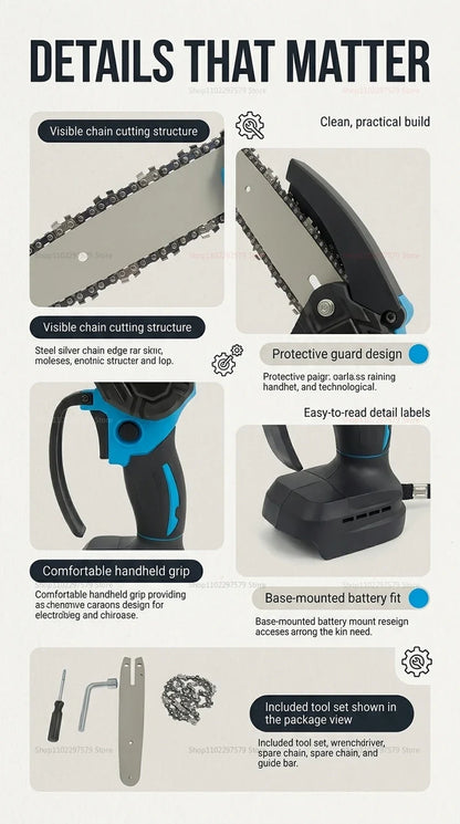 6Inch Cordless Electric Chainsaw Rechargeable No Battery Lightweight Power Tool for Woodcutting Gardening Makita 18V Compatible