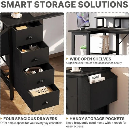 120x70cm L-Shaped Computer Desk with Power Outlets, Monitor Stand and Reversible Shelves, Black