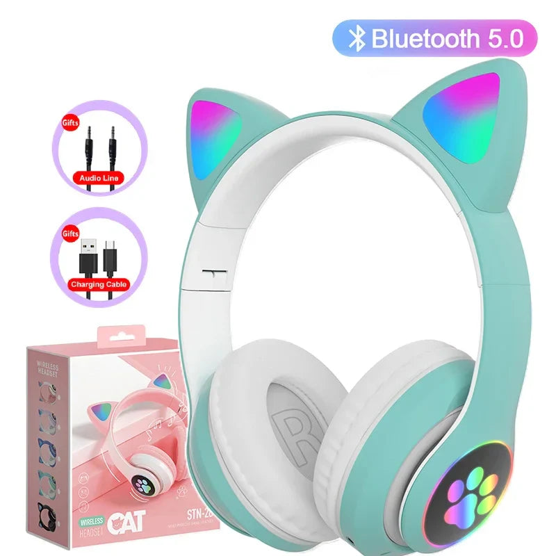 Bluetooth 5.0 Stereo With Mic Flash Lamp Cute Cat Ears Headphone Support TF Card Wireless Kids Girl Earphone Birthday Gift