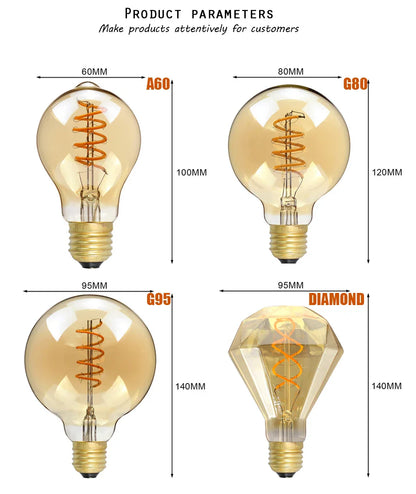 E27 LED Filament Light Bulb 220V 4W A60 ST64 T45 T185 G80 G95 G125 Retro Vintage ampoules LED Edison Lamp Spiral Bulb For Home