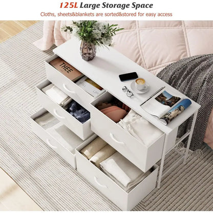 5 Drawer Bedroom Chest with Storage, Wooden Top, Steel Handles, White, 30 x 100 x 61