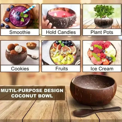Natural Coconut Bowls And Wooden Spoon Sets Reusable Coconut Shell Bowls For Dessert Yogurt Fruit Salad Kitchen Tableware