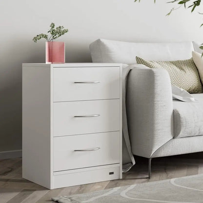 Compact White 3-Drawer Nightstand with Cable Management and Anti-Tip Safety for Bedroom Storage
