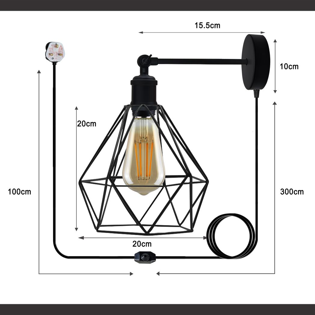 Modern Industrial Black Loft Metal Plug in wall Lamp Shade Wire Cage 4m Rapper cable with dimmer switch