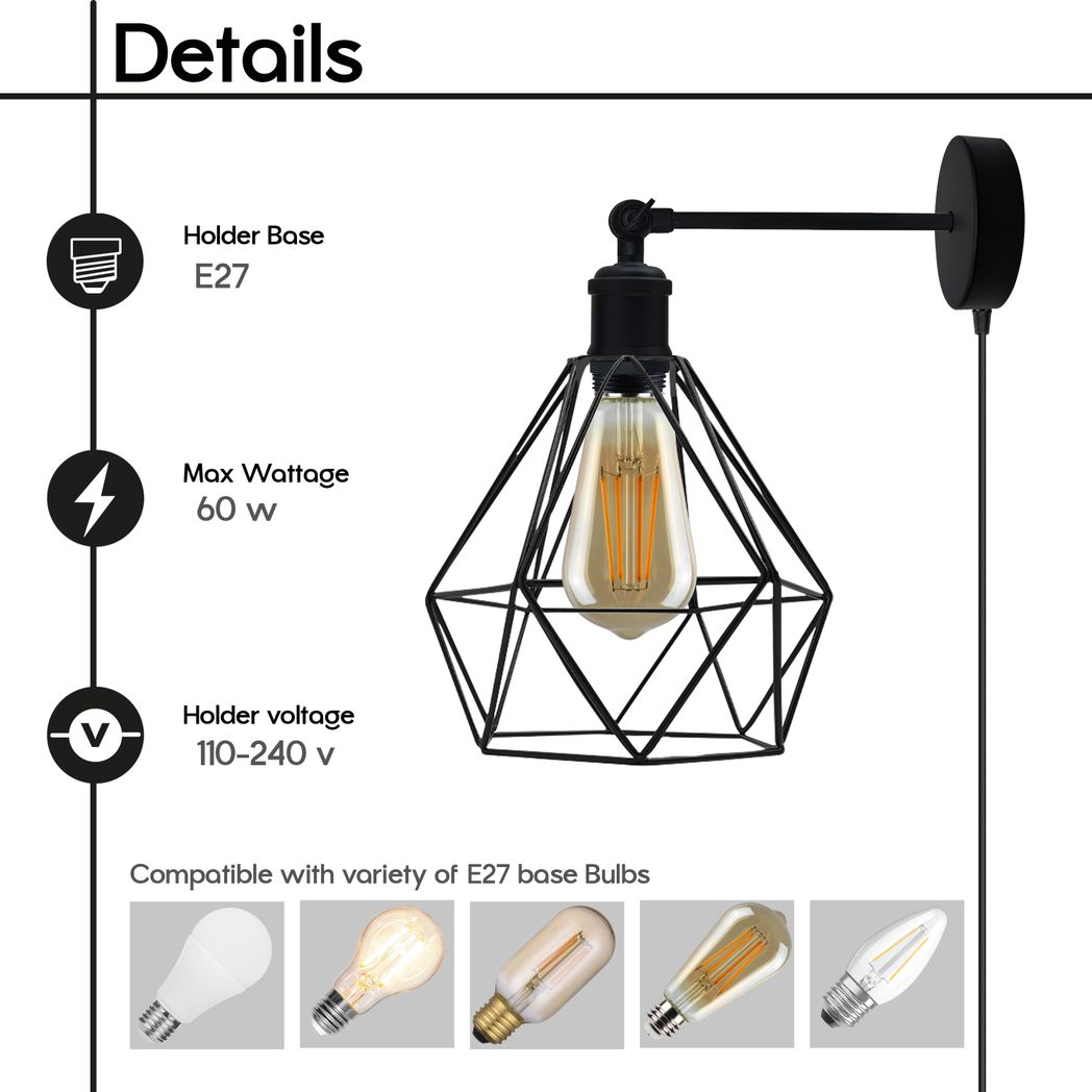 Modern Industrial Black Loft Metal Plug in wall Lamp Shade Wire Cage 4m Rapper cable with dimmer switch