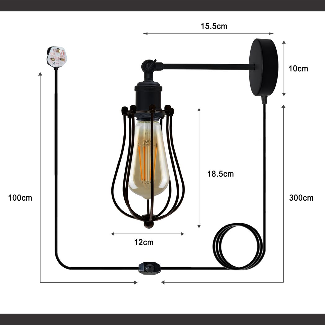Modern Industrial Black Loft Metal Plug in wall Lamp Shade Wire Cage 4m Rapper cable with dimmer switch